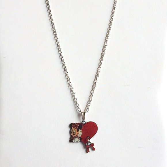 Vintage Disney Minnie Mouse Charm Necklace Silver Plated Enamel Disneyana 20" - Picture 4 of 8